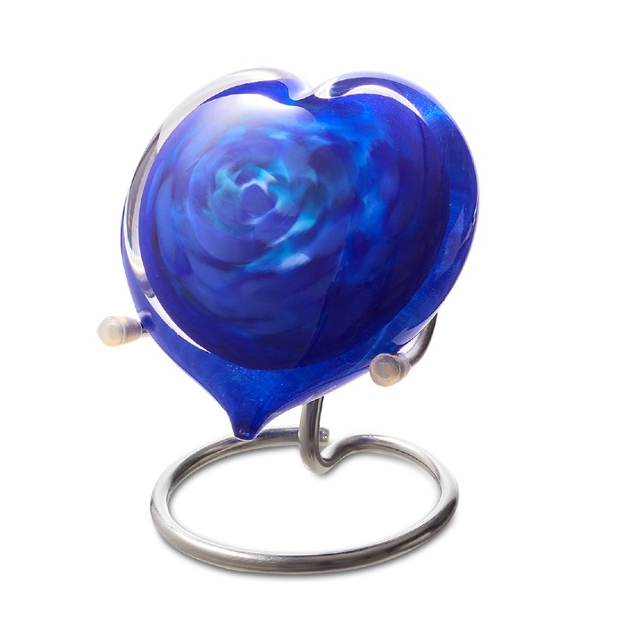Hart mini urn van glas: blauw opaak