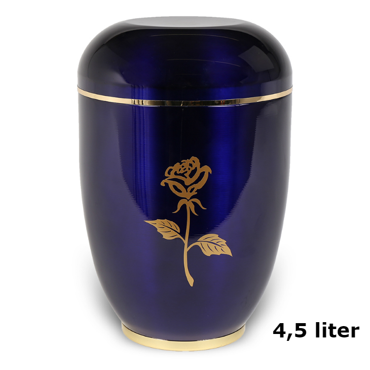 Urn van edelstaal kobaltblauw met roos en goudrand (4500ml)