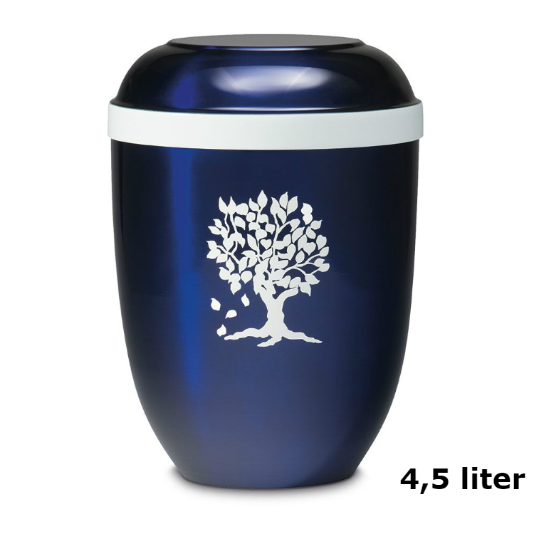 urn van blauw edelstaal met witte levensboom (4500ml)