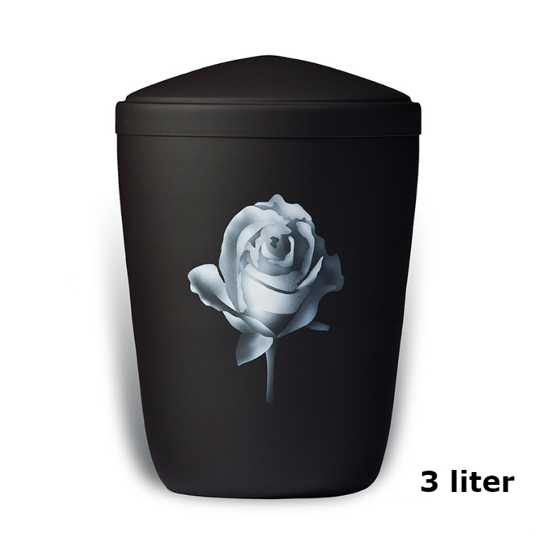 Urn van edelstaal kleur Zwart met een witte roos (3000ml)