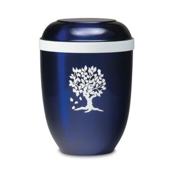 urn van blauw edelstaal met witte levensboom
