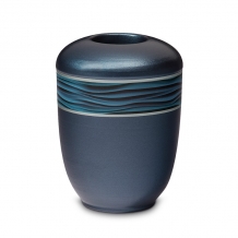keramiek urn parelmoer-blauw met waxine en decorband met golvende zee