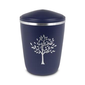 urn in blauw edelstaal met boom