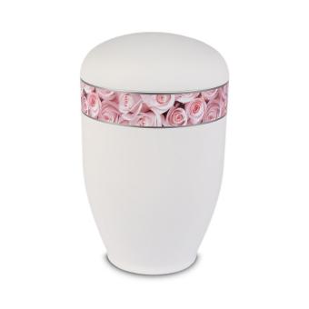 Urn in Mat-Wit edelstaal met Rozen decorlint