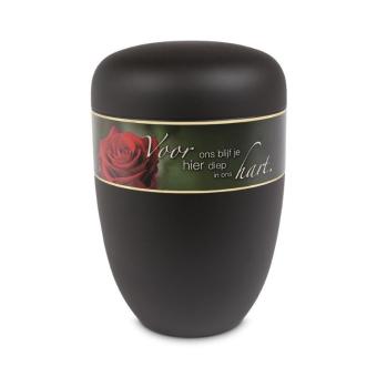 Urn in zwart edelstaal met roos op tekstband