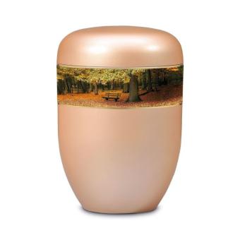 urn van edelstaal parelmoer-abrikoos met Boslandschap