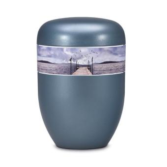 urn van edelstaal parelmoer-blauw met zeesteiger