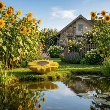 zonnebloem urn nabij vijver